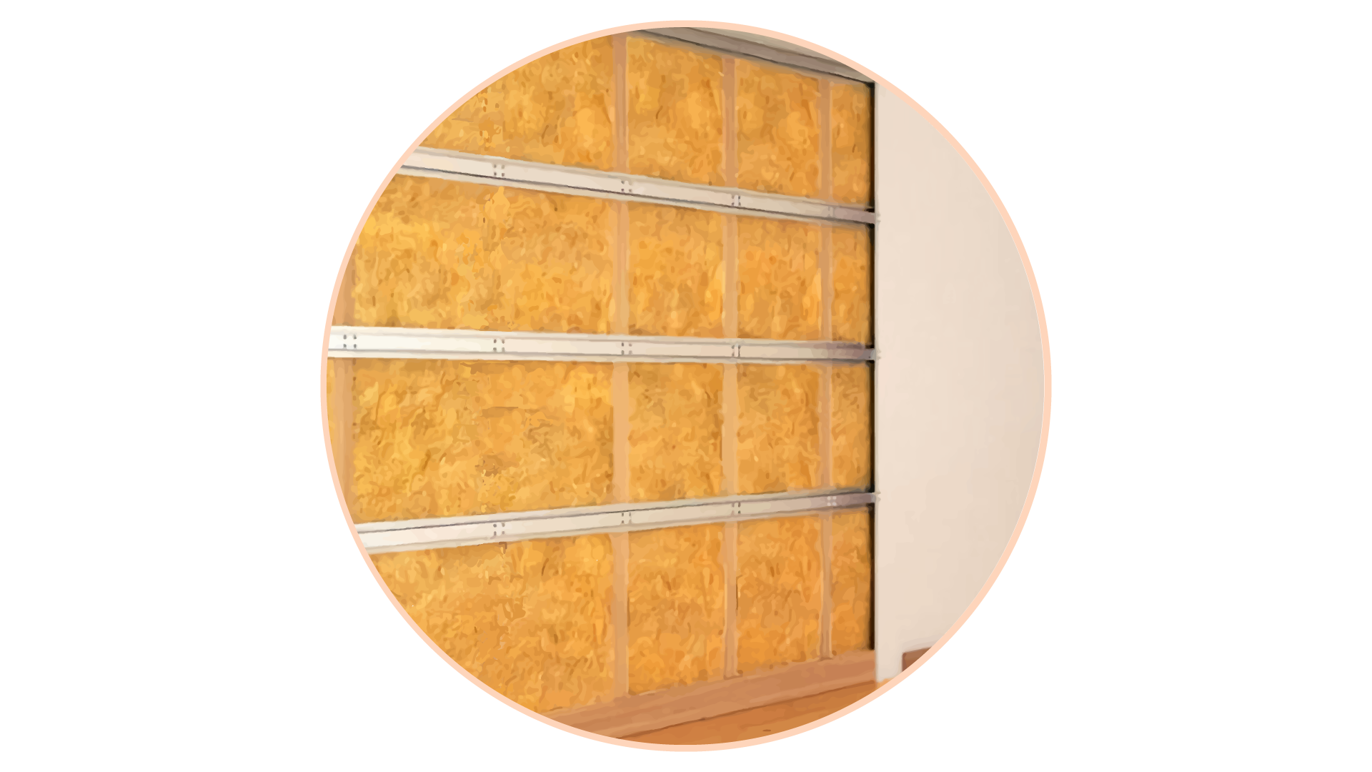 Grafika przedstawia błędnie wykonaną izolację akustyczną ściany działowej - mostek akustyczny. Bloki wełny mineralnej są ułożone w zwarty sposób i przytrzymywane przez drewniane listewki i metalowe listwy. Niektórych listewek brakuje.