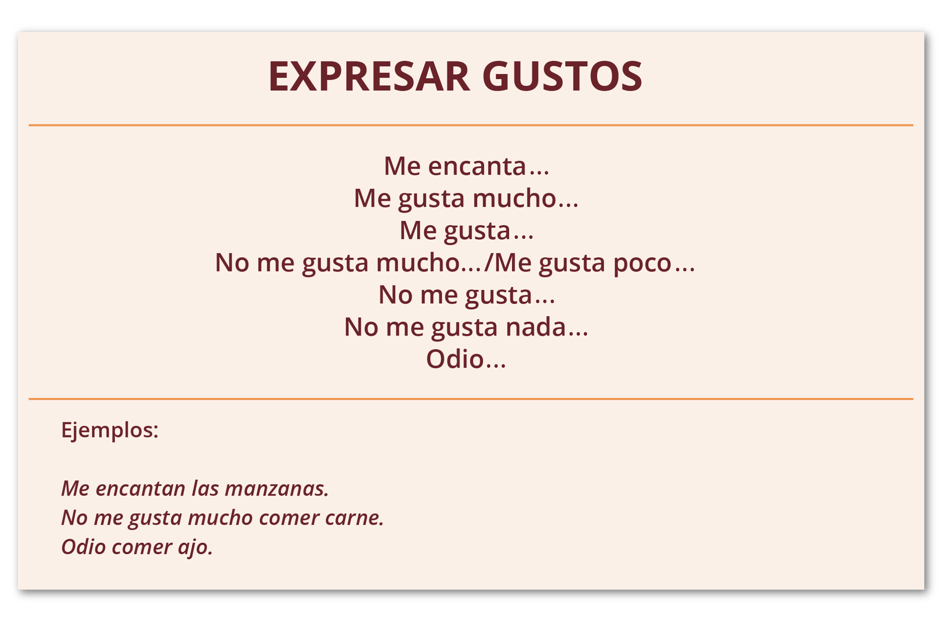 Grafika zatytułowana EXPRESAR GUSTOS zawiera następujące informacje: Me encanta… Me gusta mucho… Me gusta… No me gusta mucho…/Me gusta poco… No me gusta… No me gusta nada… Odio… Ejemplos: Me encantan las manzanas. No me gusta mucho comer carne. Odio comer ajo.