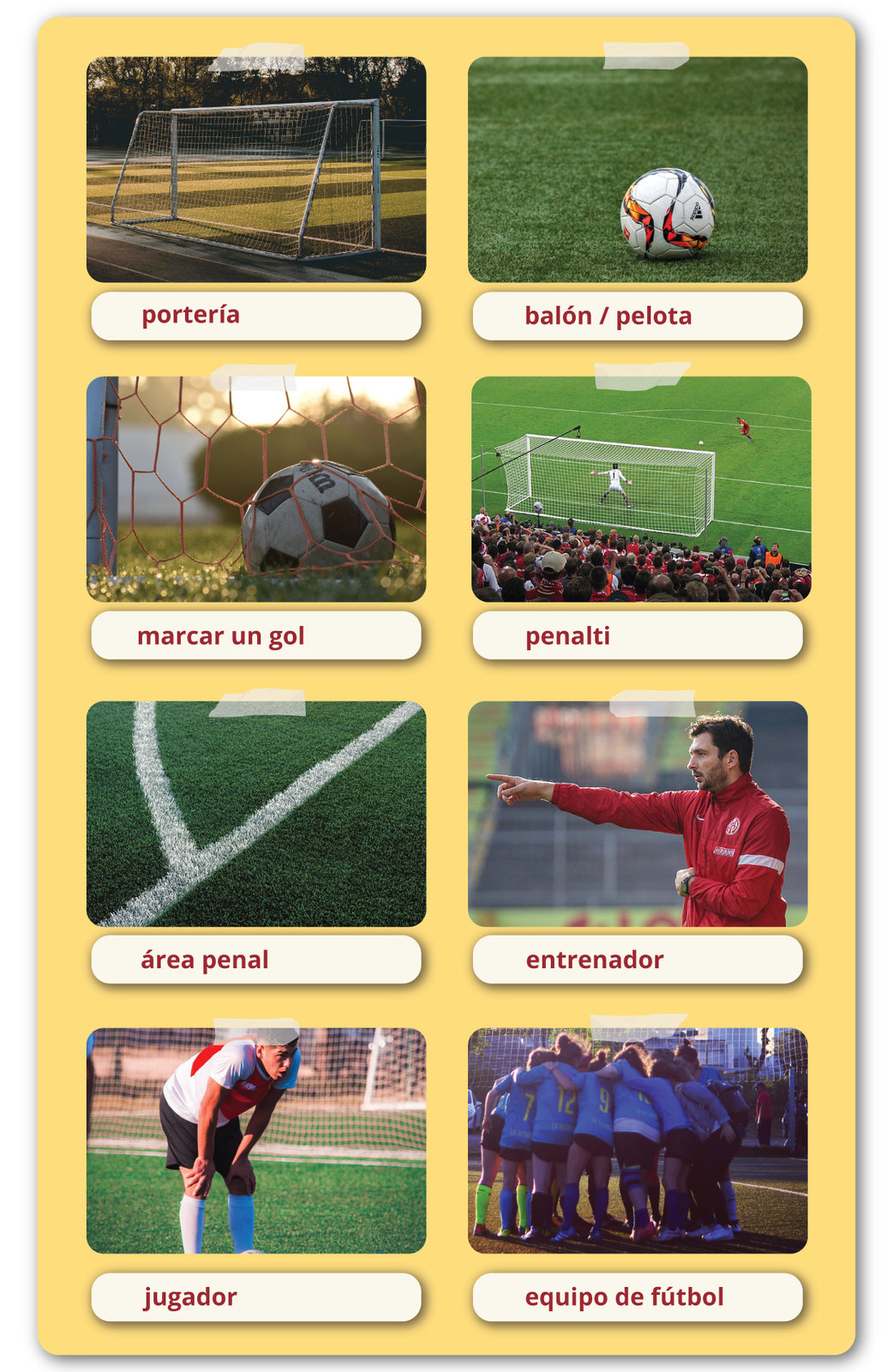 Na grafice umieszczono zdjęcia z podpisami. Bramka portería. Piłka balón pelota. Piłka w siatce bramki marcar un gol. Piłkarz oddający rzut karny penalti. Pole karne área penal. Trener entrenador. Zawodnik jugador. Drużyna piłkarska equipo de fútbol. 