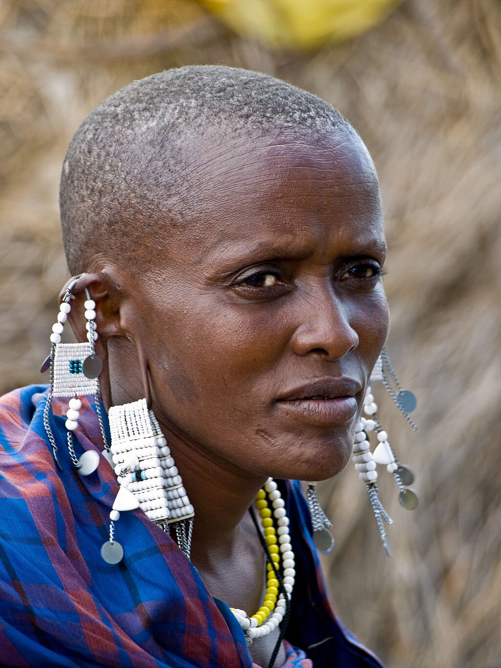 Zdjęcie przedstawia ciemnoskórą Masajkę. Kobieta ma pociągłą twarz, ogolone przy skórze włosy. W uszach ma liczne ozdoby z taśm i koralików. Na ramionach kolorową, kraciastą chustę. Na szyi dwa kolorowe naszyjniki z małych koralików. 
