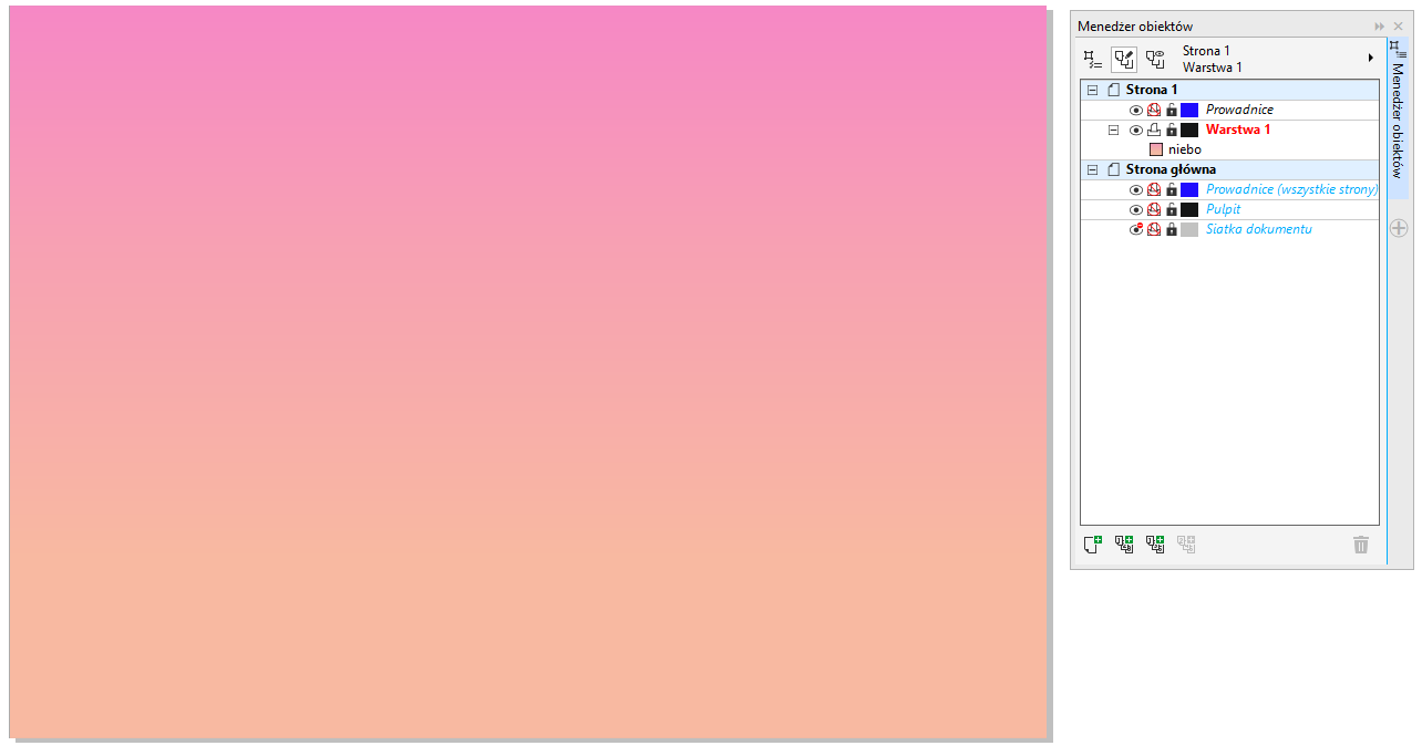 Zdjęcie przedstawia "Menedżer obiektów" po prawej stronie: Przedstawiono menu: "Strona 1" (rozwinięte):   "Prowadnice",   na czerwono "Warstwa 1" (rozwinięte): "niebo";  (koniec menu "Warstwa 1"),  (koniec menu "Prowadnice"), (koniec menu "Strona 1") "Strona główna" (rozwinięte): "Prowadnice (wszystkie strony)",  "Pulpit",  "Siatka dokumentu", (koniec menu "Strona główna"). Po lewej stronie przedstawiono obraz: Gradient kolorów od pomarańczowego do różowego, idący od dołu ku górze.