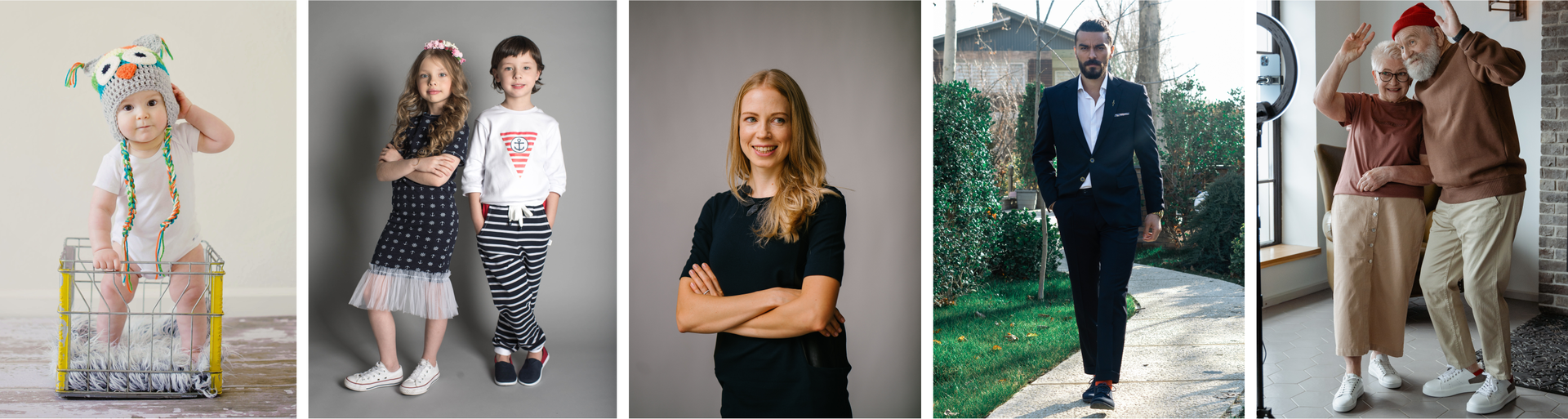 Ilustracja składa się z pięciu zdjęć i przedstawia ludzi w różnym wieku. Od lewej zdjęcia przedstawiają: niemowlaka, kilkuletnich dziewczynkę i chłopca, nastoletnią dziewczynę, mężczyznę w garniturze oraz kobietę i mężczyznę w podeszłym wieku.