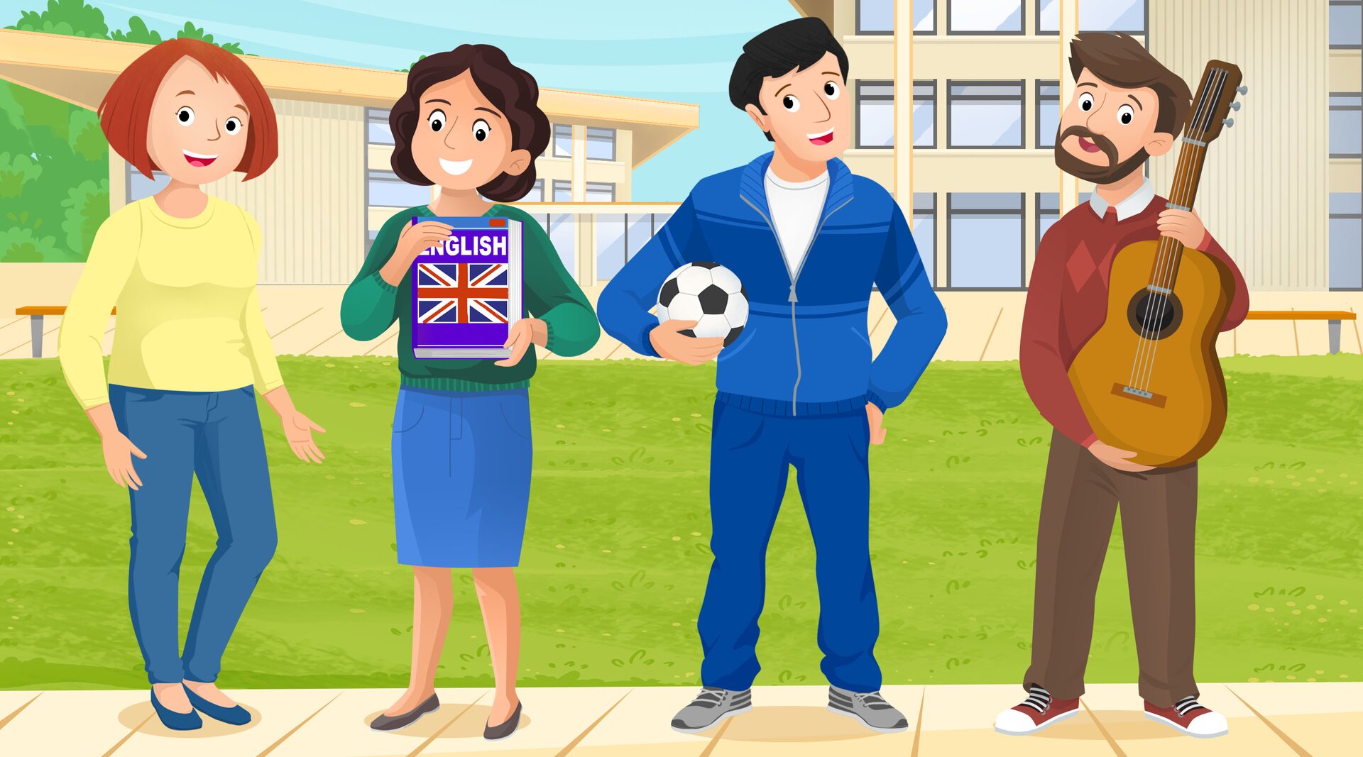 Ilustracja przedstawia nauczycieli. Od lewej widoczni są: kobieta w spodniach z włosami do ramion, nauczycielka trzymająca książkę do angielskiego, mężczyzna sportowo ubrany z piłką do piłki nożnej w ręce oraz mężczyzna z brodąm w swetrze trzymający gitarę.