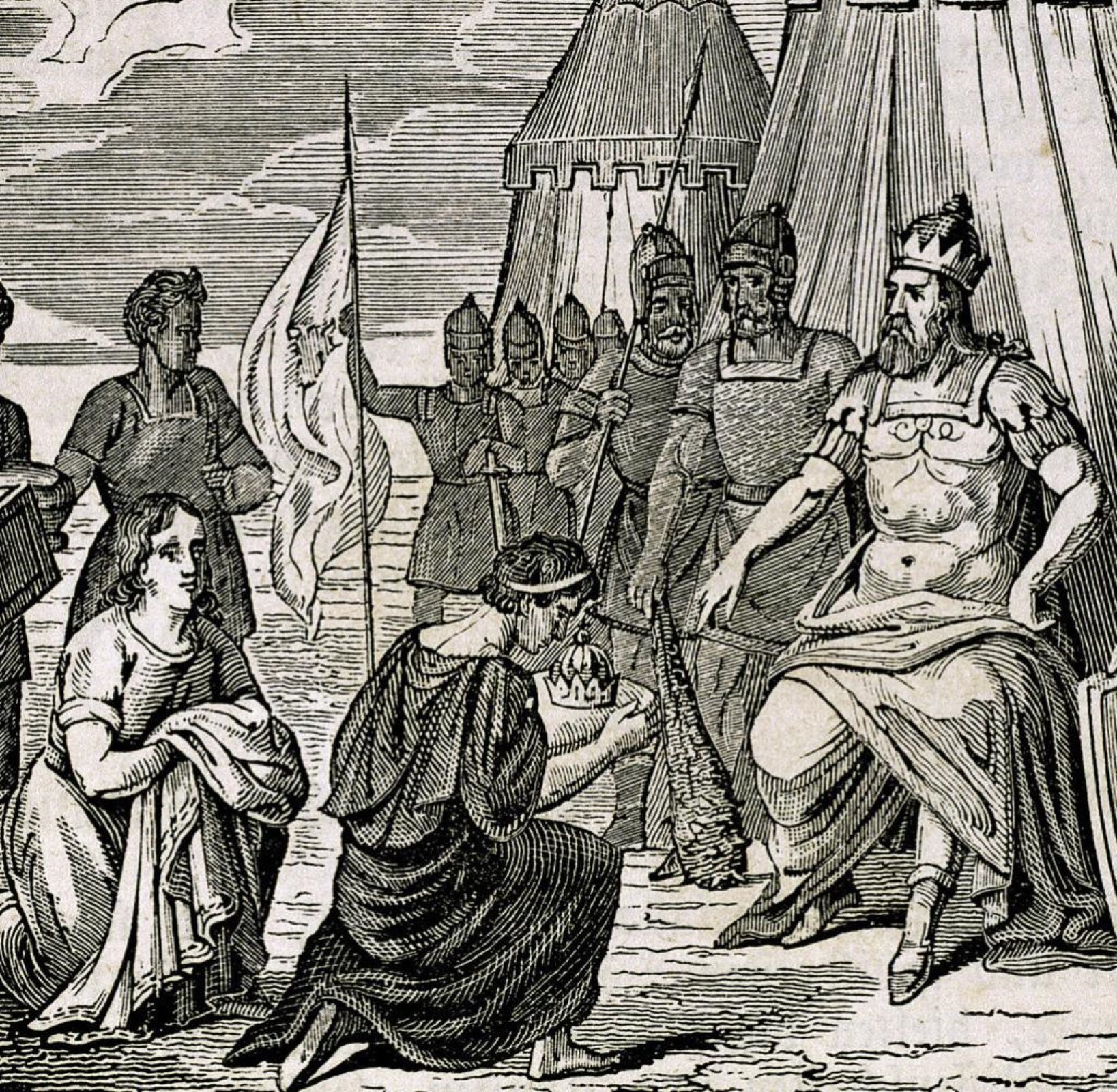 Dzieło nieznanego autora pod tytułem „Romulus Augustulus oddaje insygnia władzy Odoakerowi” przedstawia grupę osób przebywających na polu pod namiotami. Na pierwszym planie siedzi germański wódz – Odoaker, który został ukazany jako mężczyzna w podeszłym wieku o długich włosach i bujnym zaroście, ubrany w zbroję i długą szatę. Na jego głowie znajduje się korona. Naprzeciwko niego klęczy młody mężczyzna – Romulus Augustulus – ostatni władca Cesarstwa Zachodniorzymskiego. Ma on średniej długości włosy, ubrany jest w szatę sięgającą do ziemi. Młody mężczyzna wręcza Odoakerowi insygnia władzy. Po jego lewej stronie znajduje się inna klęcząca postać, która w dłoniach trzyma jasną szatę. Obok germańskiego władcy stoi jego świta.