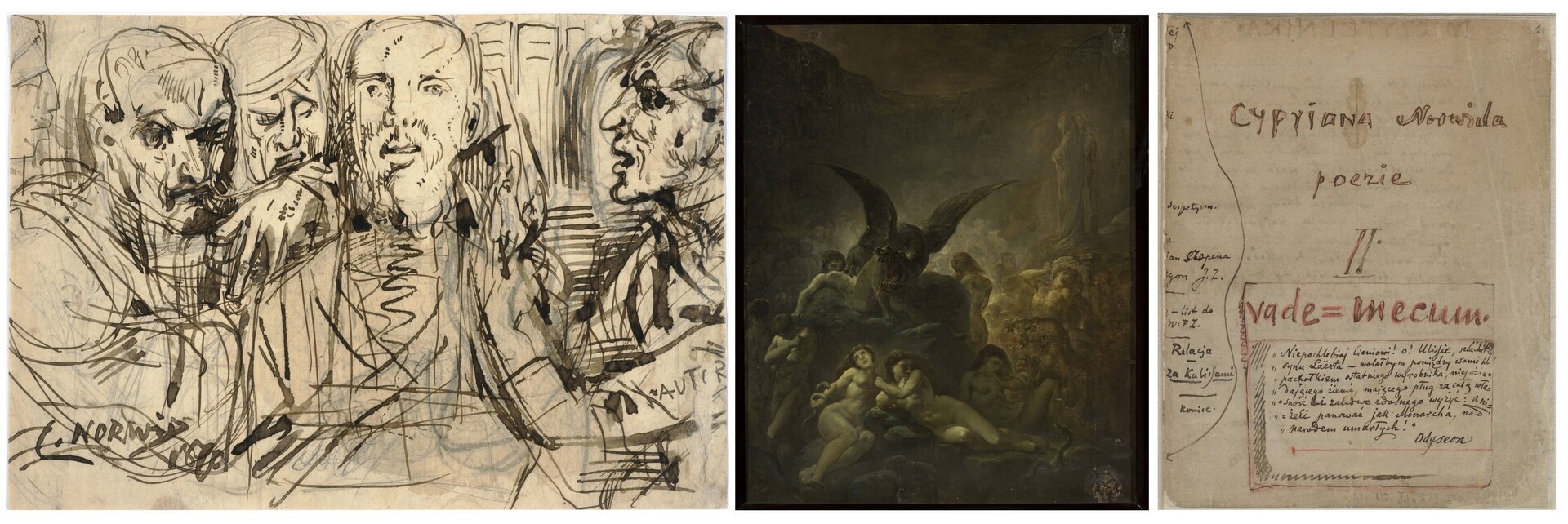 Ilustracja składa się z trzech elementów. Pierwszy przedstawia rysunek, na którym są sylwetki kilku postaci. Na środku są to trzej siedzący obok siebie mężczyźni. Po prawej jest lewy profil starszego mężczyzny, który ma wyciągnięte przed siebie ręce i ma otwarte usta. Drugi element ilustracji to obraz, który przedstawia stłoczoną grupę nagich ludzi w skalistym dole. Mają przerażone wyrazy twarzy. Wśród nich znajduje się skrzydlaty stwór z otwartą paszczą. Po prawej stoi postać w długiej szacie. W tle unosi się gęsta, ciemna mgła. Trzeci element ilustracji przedstawia kartkę, na której znajdują się odręczne zapiski. Są one zatytułowane następująco: Cypriana Norwida Poezje II: vade‑mecum.