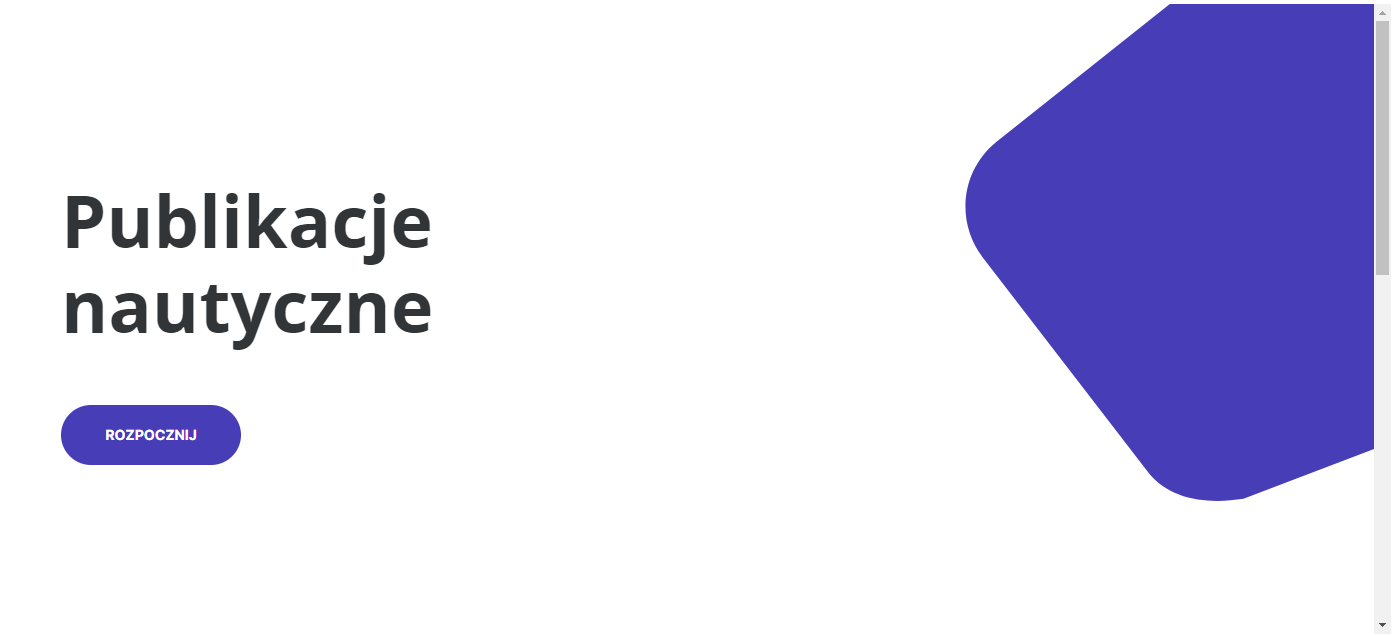 Grafika przedstawia okładkę atlasu interaktywnego. Widoczny jest tytuł „Publikacje nautyczne”, a pod nim przycisk „rozpocznij”.