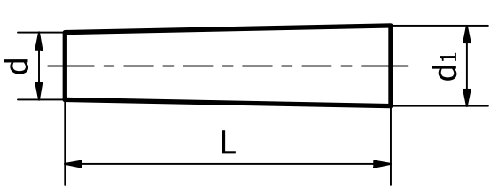 Na ilustracji przedstawiony jest wlew główny, który ma kształt podobny do długiego, wąskiego prostokąta z dłuższą podstawą na dole. Od lewej strony do prawej szerokość elementu się zwiększa. Na rysunku jest oznaczona długość wlewu duża literą L oraz dwie średnice literką d i d z cyfrą 1. 