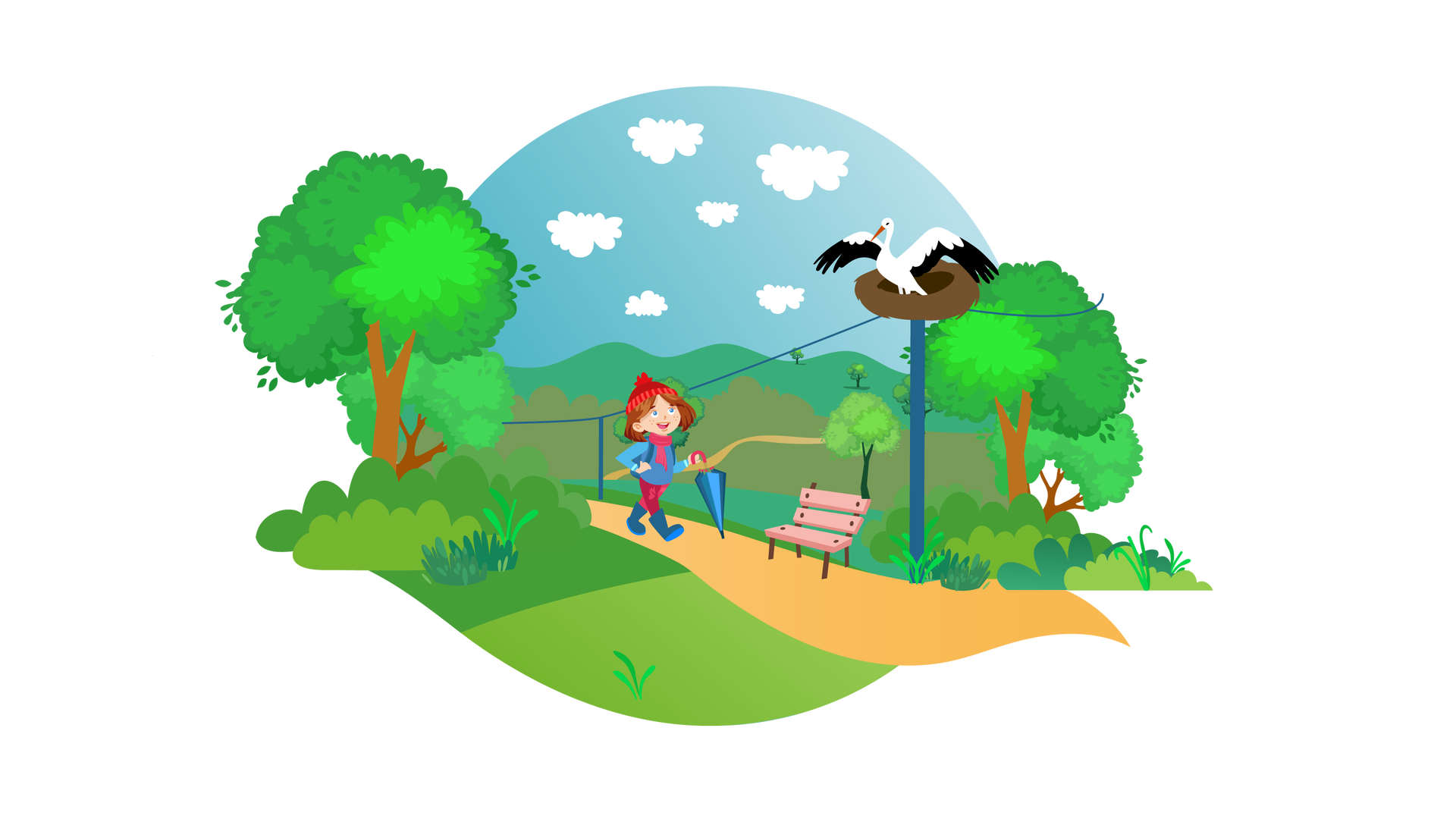 Ilustracja przedstawia rozległy teren porośnięty zielenią. W tle widać błękitne niebo z białymi chmurami i zarys zielonych pagórków na horyzoncie. Dookoła rosną pojedyncze drzewa liściaste, krzewy i kępki traw. Środkiem ilustracji biegnie ścieżka, przy której stoją dwa granatowe słupy połączone linią energetyczną oraz jasnoróżowa ławka. Na jednym ze słupów znajduje się gniazdo. Siedzi w nim ptak z rozpostartymi skrzydłami. Ma długi czerwony dziób, białe upierzenie na grzbiecie i brzuchu, a czarne na końcówkach skrzydeł. To bocian. Po ścieżce idzie uśmiechnięta Maja z plecakiem. Jest ubrana w niebieską kurtkę, długie ciemnoróżowe spodnie, czerwoną czapkę z pomponem, ciemnoróżowy szalik i wysokie granatowe buty. W lewej ręce trzyma ciemnoniebieski parasol z ciemnoróżową rączką. Patrzy na bociana siedzącego w gnieździe.
