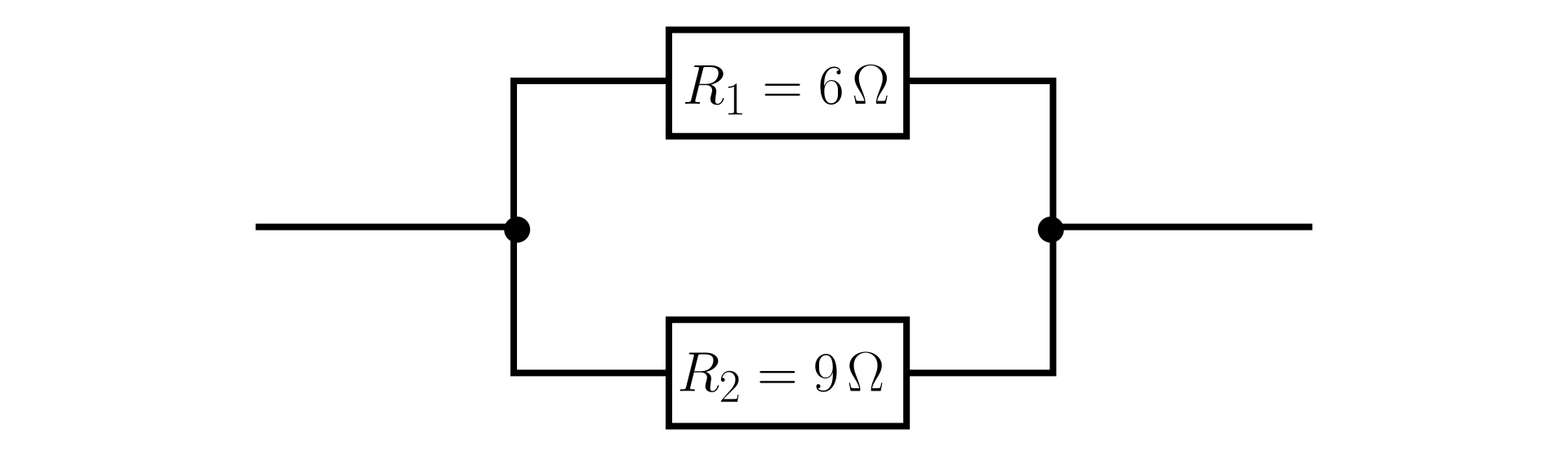 Ilustracja przedstawia połączenie równoległe dwóch oporników o następujących oporach, 6 omów i 9 omów.