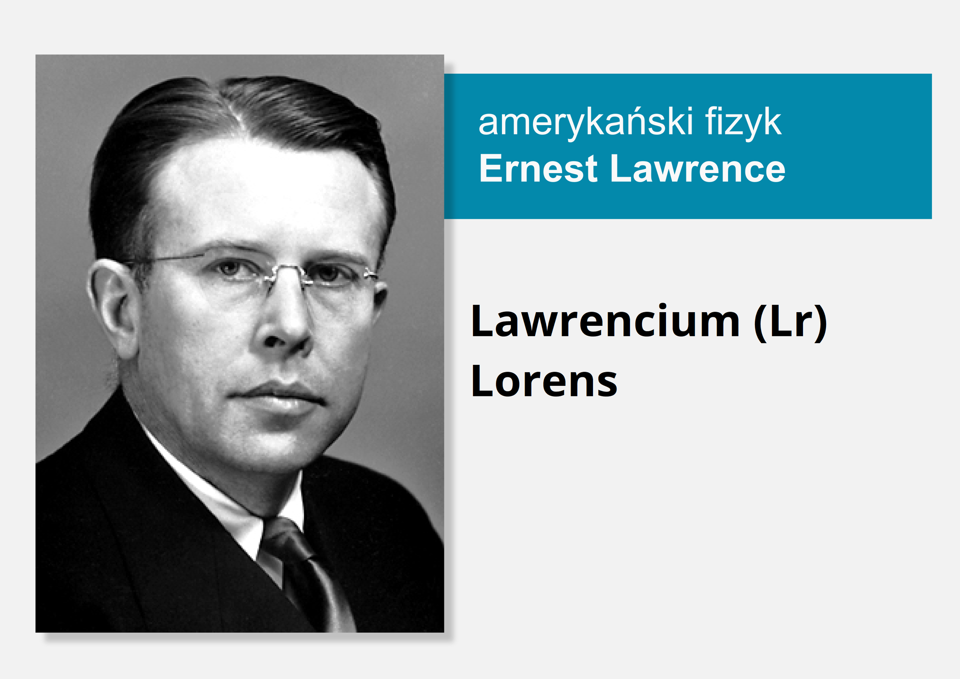 Fotografia amerykańskiego fizyka Ernesta Lawrence'a, obok nazwa i symbol pierwiastka Lorens, nazwa łacińska Lawrencium (Lr).