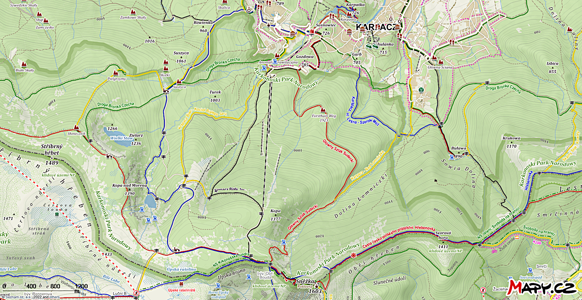 Na rysunku przedstawiono mapę Karkonoszy od Karpacza aż do granicy z Czechami. Mapa ma kolor zielony i są na niej wyszczególnione: miasto Karpacz, szlaki turystyczne, szczyty górskie wraz z wysokościami oraz poziomice.