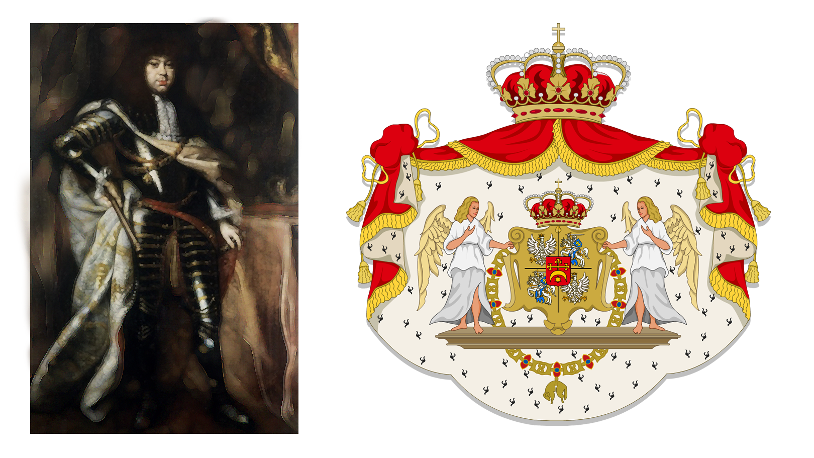 Kliknij, aby powiększyć Ilustracja przedstawia po lewej stronie obraz króla Michała Korybuta Wiśniowieckiego w stroju reprezentacyjnym. Władca stoi w postawie wyprostowanej z prawą ręką u boku i lewą wspartą na rapierze. Jest ubrany w zbroję ozdobioną płaszczem z jedwabiu. Nosi na głowie francuską perukę. Z lewej strony władcy jest postument, na którym znajduje się korona na poduszce, berło i jabłko królewskie. Po prawej stronie wizerunek herbu króla, na którym widnieje w centrum herb Wiśniowieckich otoczony herbami Korony i Litwy, orłem białym i Pogonią, naprzemiennie występującymi w dwóch rzędach. Herb króla jest nakryty koroną i podtrzymywany przez dwóch aniołów. Herb króla otacza płaszcz koloru purpurowego, podbity futrem gronostajowym, ozdobiony wzdłuż brzegu złotym haftem, zwieńczony koroną. Płaszcz od korony spływa symetrycznie w obie strony, gdzie jest podwiązany złotymi sznurami i ozdobiony chwostami.