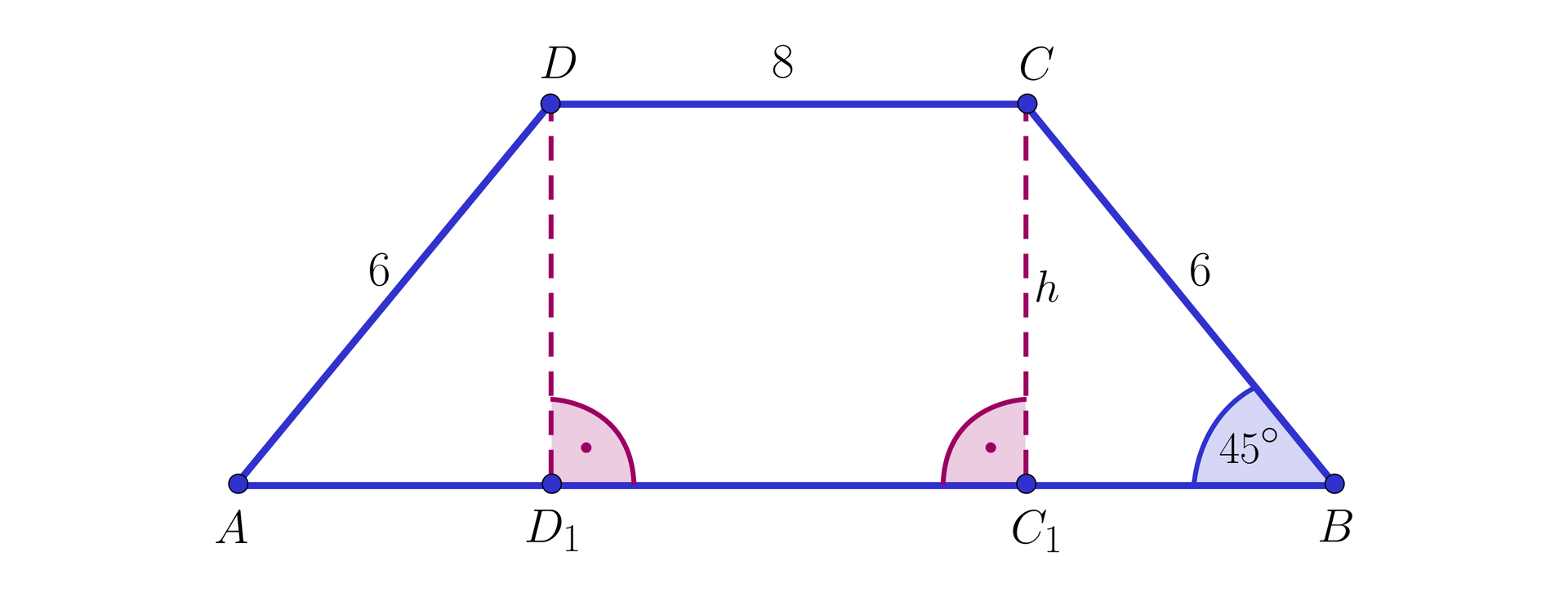 Ilustracja przedstawia trapez równoramienny ABCD o krótszej podstawie CD o długości 8 oraz ramionach AD i CB o długości sześć. Kąt przy podstawie ma miarę 45 stopni. Wysokości to odcinki D D indeks dolny 1 koniec indeksu oraz C indeks dolny 1 koniec indeksu.