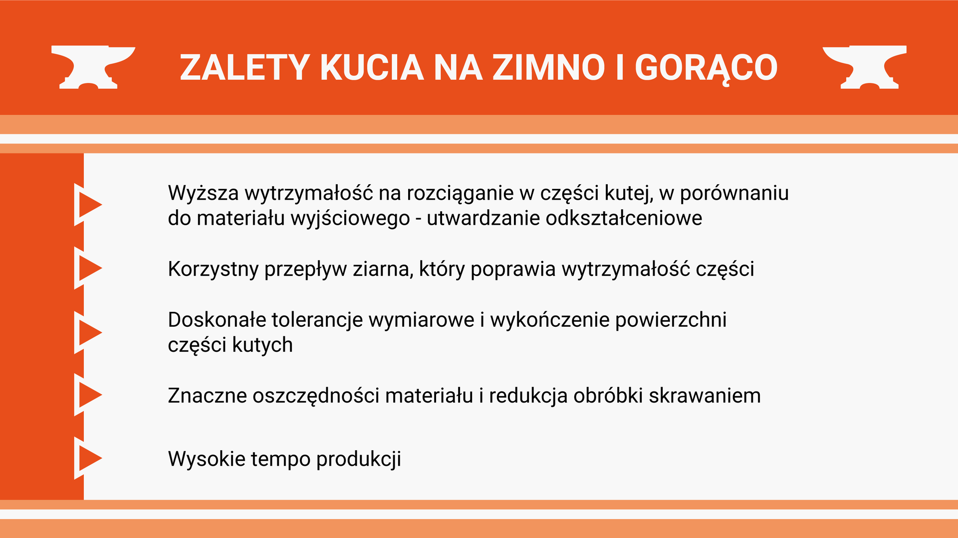 Na grafice przedstawiono zalety kucia na zimno i gorąco. Kolejno są to: wyższa wytrzymałość na rozciąganie w części kutej, w porównaniu do materiału wyjściowego - utwardzanie odkształceniowe; korzystny przepływ ziarna, który poprawia wytrzymałość części; doskonałe tolerancje wymiarowe i wykończenie powierzchni części kutych; znaczne oszczędności materiału i redukcja obróbki skrawaniem; wysokie tempo produkcji.