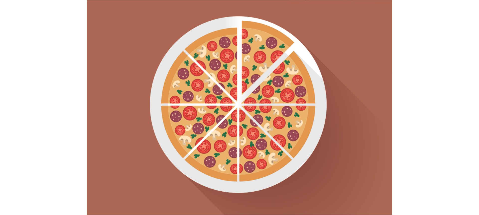 Ilustracja przedstawia pizzę pokrojoną na osiem równych kawałków.
