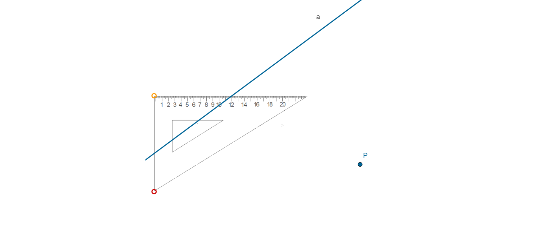 Na rysunku znajdują się prosta a, punkt P oraz ekierka.