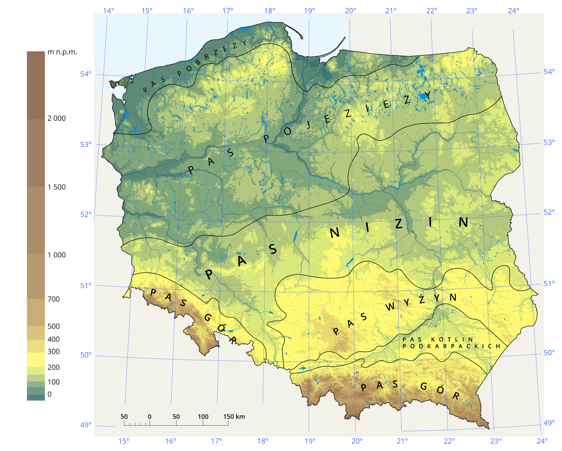 Mapa przedstawia pasowość rzeźby Polski. Niziny występują na północy i w centrum, natomiast obszary górskie i wyżynne na południu. Zaczynając od południa wyróżnia się następujące pasy: gór, kotlin podkarpackich, wyżyn, nizin środkowopolskich, pojezierzy i pobrzeży.