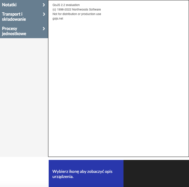 Ilustracja przedstawia okno dialogowe programu do projektowania procesu technologicznego otrzymywania benzyny z ropy naftowej. Widoczne są trzy zakładki: notatki, transport i składowanie, procesy jednostkowe. 