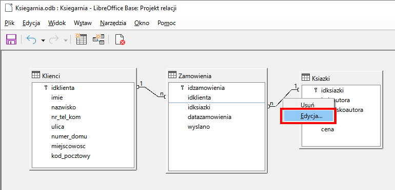 Zrzut ekranu przedstawia strukturę trzech tabel.  Tabela Klienci z polami: idklienta (ikona klucza), imie, nazwisko, nr_tel_kom, ulica, numer_domu, miejscowosc, kod_pocztowy.  Tabela Zamowienia z polami: idzamowienia (ikona klucza), idklienta, idksiazki, datazamowienia.  Tabela Ksiazki z polami: idksiazki (ikona klucza), cena.  Tabele te połączone są relacjami.  Tabela klienci posiada relację jeden do wielu z tabelą Zamowienia po polach idklienta.  Tabela Ksiazki posiada relacje jeden do wielu z tabelą zamowienia po polach idksiazki.  Na relacje tabel Zamowienia i ksiazki naciśnięto prawym przyciskiem myszy, następnie z listy opcji zaznaczono czerwonym prostokątem opcję: Edycja...  