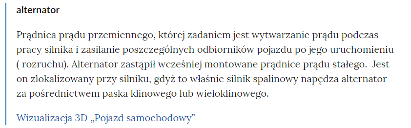 Zrzut ekranu przedstawia pojęcie ze Słownika. Konstrukcja jest następująca: pojęcie, poniżej jego wyjaśnienie, a pod nim znajduje się link, po którego kliknięciu użytkownik przenosi się do rozdziału w tym materiale, w którym dane pojęcie jest wykorzystywane. Linków może być jeden lub kilka, w zależności od tego, w ilu rozdziałach użyto pojęcia.