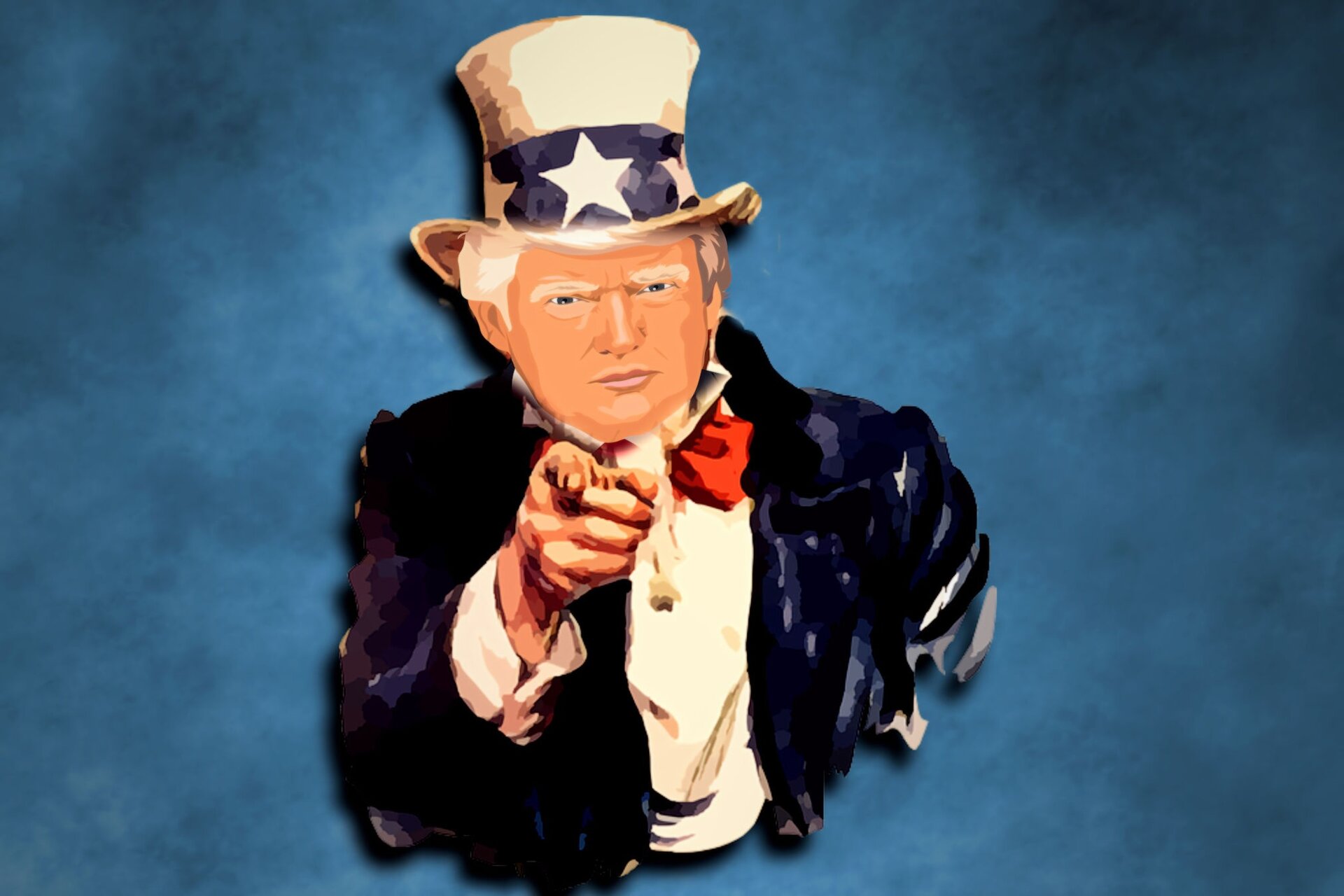 Grafika przedstawia Donalda Trumpa wskazującego palcem na wprost siebie. Mężczyzna ubrany jest w marynarkę, koszule, na głowie ma biały cylinder z niebieskim otokiem, na którym znajdują się białe, pięcioramienne gwiazdy.