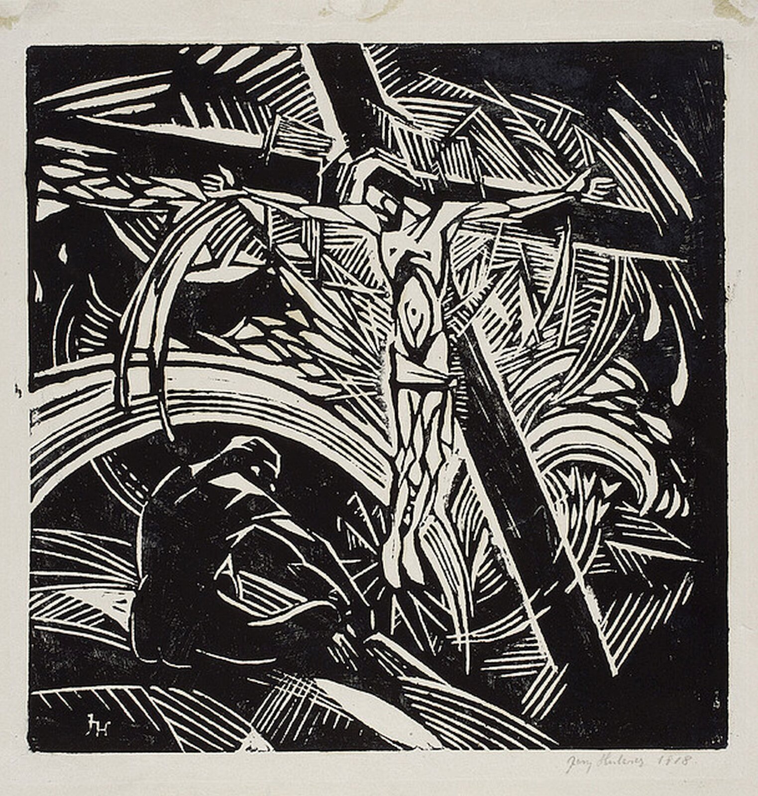 Ilustracja przedstawia linoryt Jerzego Hulewicza pt. Krzyż. Obraz przedstawia Jezusa przybitego do krzyża. Pod krzyżem siedzi nagi mężczyzna.