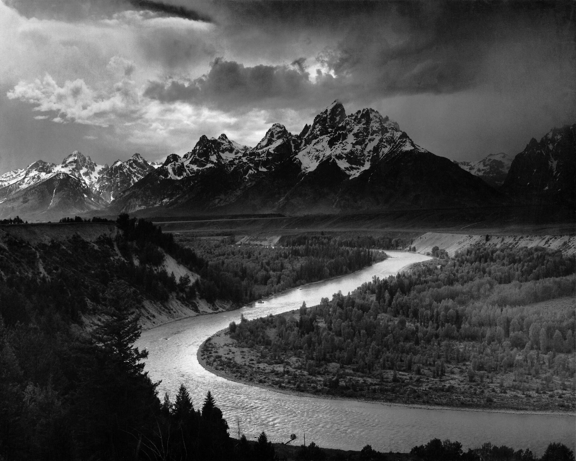Góry Teton i rzeka Snake Źródło: Ansel Adams, Góry Teton i rzeka Snake, 1942, fotografia czarno-biała, domena publiczna.