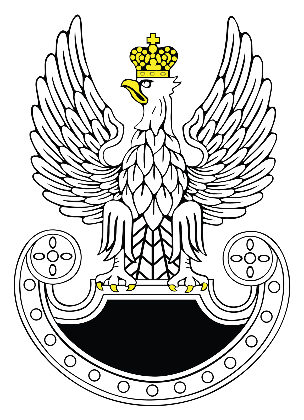 Kliknij żeby powiększyć Ilustracja przedstawia symbol wojsk specjalnych nawiązujący do godła Polski. Biały orzeł ze skrzydłami wzniesionymi ku górze. Głowa z żółtym dziobem skierowana w prawo. Na głowie złota korona. Na szczycie korony krzyż równoramienny. Szpony orła zakończone żółtymi pazurami przytrzymują tarczę. Orzeł osadzony jest na tarczy amazonek. Tarcza zakończona półkoliście w dolnej części. Kształt tarczy tworzy formę półksiężyca ułożonego poziomo. Końce tarczy zaokrąglone. Wnętrze tarczy czarne.