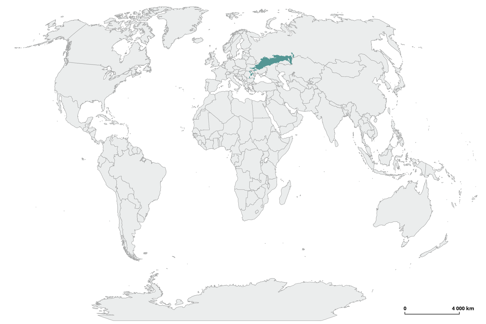 Na mapce świata zaznaczono obszar występowania lasostepu. Jest to pas od wschodniej Ukrainy, przez kawałek Rosji, aż po granicę z Kazachstanem.