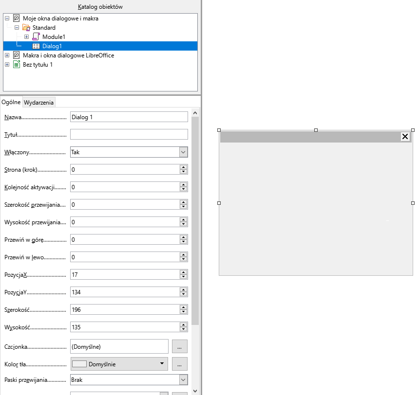 Ilustracja przedstawia otwarte okno: Katalog obiektów. Z listy wybrano Dialog 1. Następnie otwarto zakładkę Ogólne. Wpisano: Nazwa - Dialog 1, Tytuł - pole puste, Włączony - tak, Strona (krok) - zero, Kolejność aktywacji - zero, Szerokość przewijania - zero, Wysokość przewijania - zero, Przewiń w górę - zero, Przewiń w lewo - zero, PozycjaX - 17, PozycjaY - 134, Szerokość - 196, Wysokość - 135, Czcionka - domyślnie, Kolor tła  - Domyślnie, Paski przewijania - brak.    