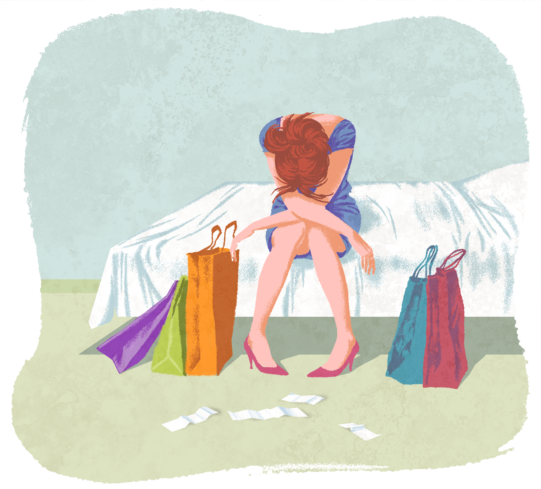 Na brzegu łóżka siedzi dziewczyna w niebieskiej sukience. Ramiona ma skrzyżowane na kolanach, głowę opuszczoną. Jej postawa wyraża rozpacz i rezygnację. Po jej obu stronach na podłodze stoją kolorowe torby z zakupami, a na ziemi leżą rozrzucone rachunki.