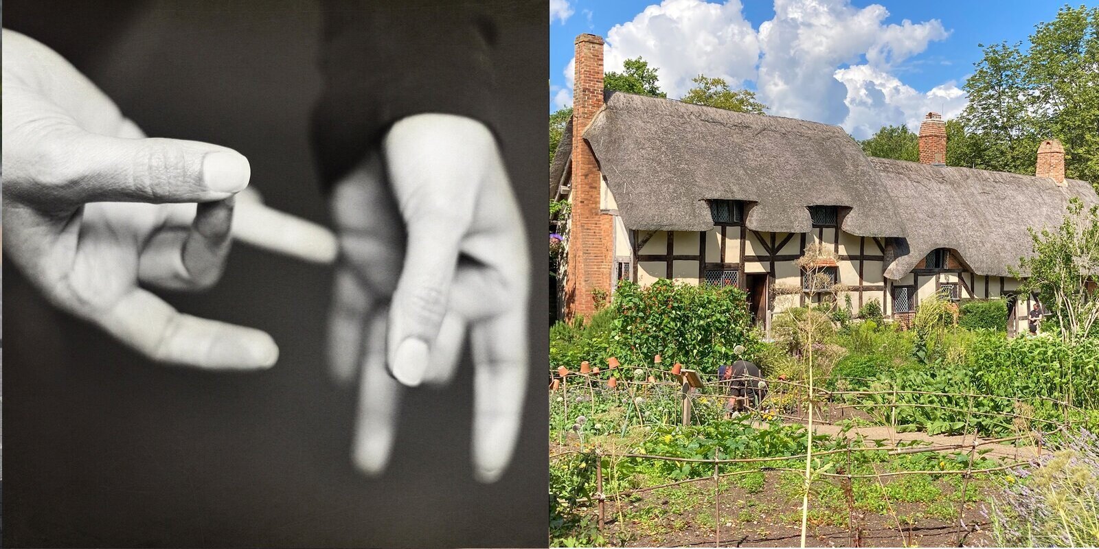 Ilustracja składa się z dwóch zdjęć. Pierwsze od lewej przedstawia dłonie osoby używające języka migowego. Drugie zdjęcie przedstawia dwa domki na wsi, których dachy wyłożono strzechą. Wokoło panuje sielski klimat spotęgowany roślinnością.