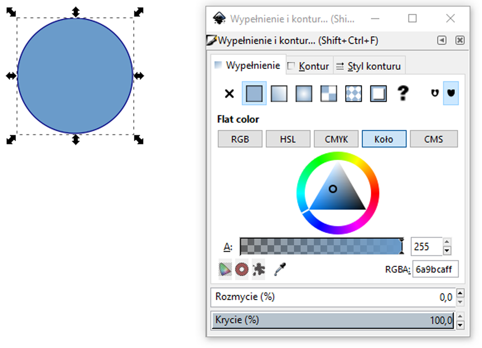 Ilustracja przedstawia koło w kolorze niebieskim oraz okno dialogowe o nazwie wypełnienie i kontur. W oknie wybrane zostało wypełnienie pełne, kolor wybrany został przy użyciu koła. Wybrany kolor ma numer dwieście pięćdziesiąt pięć. 