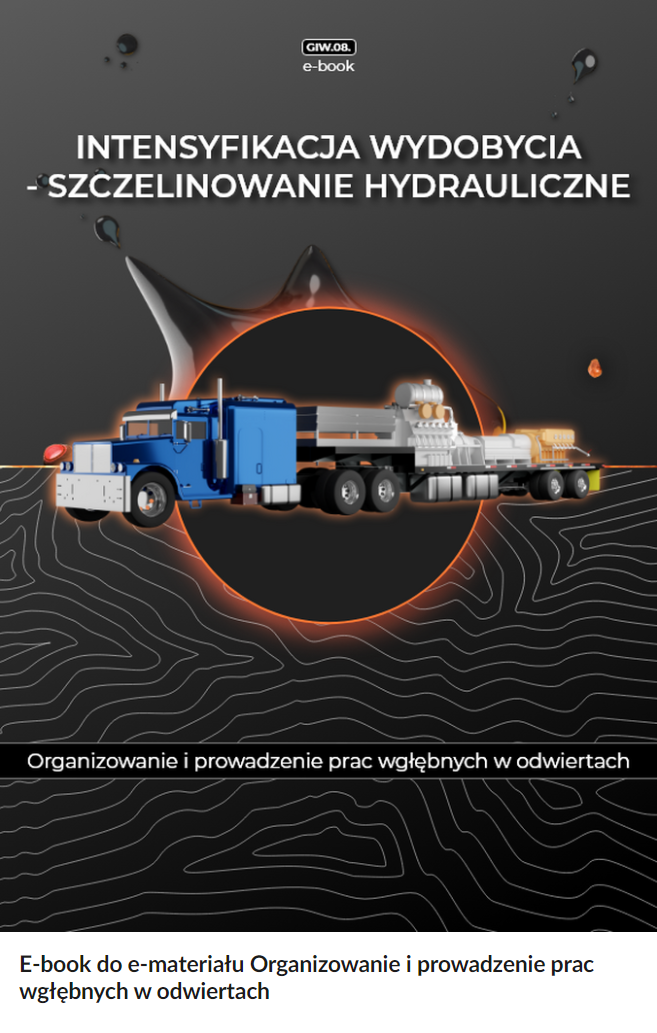 Na zdjęciu przedstawiona jest przykładowa okładka materiału.W górnej części okładki znajduje się przykładowy tytuł brzmiący: Intensyfikacja wydobycia myślnik szczelinowanie hydrauliczne.Poniżej tytułu znajduje się grafika przedstawiająca agregat pompowy na podwoziu przyczepy. Znajduje się on w okrągłej ramce z pomarańczową obręczą. za ramką widać rozlaną czarną kroplę przypominającą kształtem kleks atramentu. W górnej części okładki widoczne jest czarne tło. Na nim znajduje się kilka czarnych kropel.W dolnej części okładki na czarnym tle widoczne są szare wzorki przypominające poziomice, które są umieszczane na mapie sytuacyjno‑wysokościowej.Na dole okładki znajduje się czarny prostokąt z białym napisem brzmiącym: Oranizowanie i prowadzenie prac wgłębnych w odwiertach.