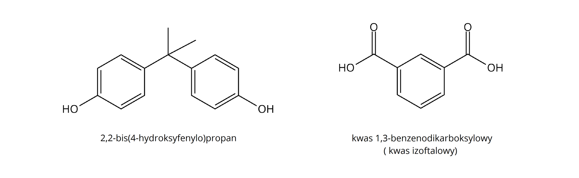 Ilustracja przedstawiająca dwie struktury. Pierwsza z nich to 2,2-bis(4-hydroksyfenylo)propan o strukturze atom węgla związany z dwiema grupami metylowymi CH3 oraz z dwiema grupami 4-hydroksyfenylowymi. Drugi związek to kwas 1,3-benzenodikarboksylowy, inaczej kwas izoftalowy o strukturze pierścień fenylowy podstawiony w pozycji pierwszej i trzeciej grupami karboksylowymi COOH.