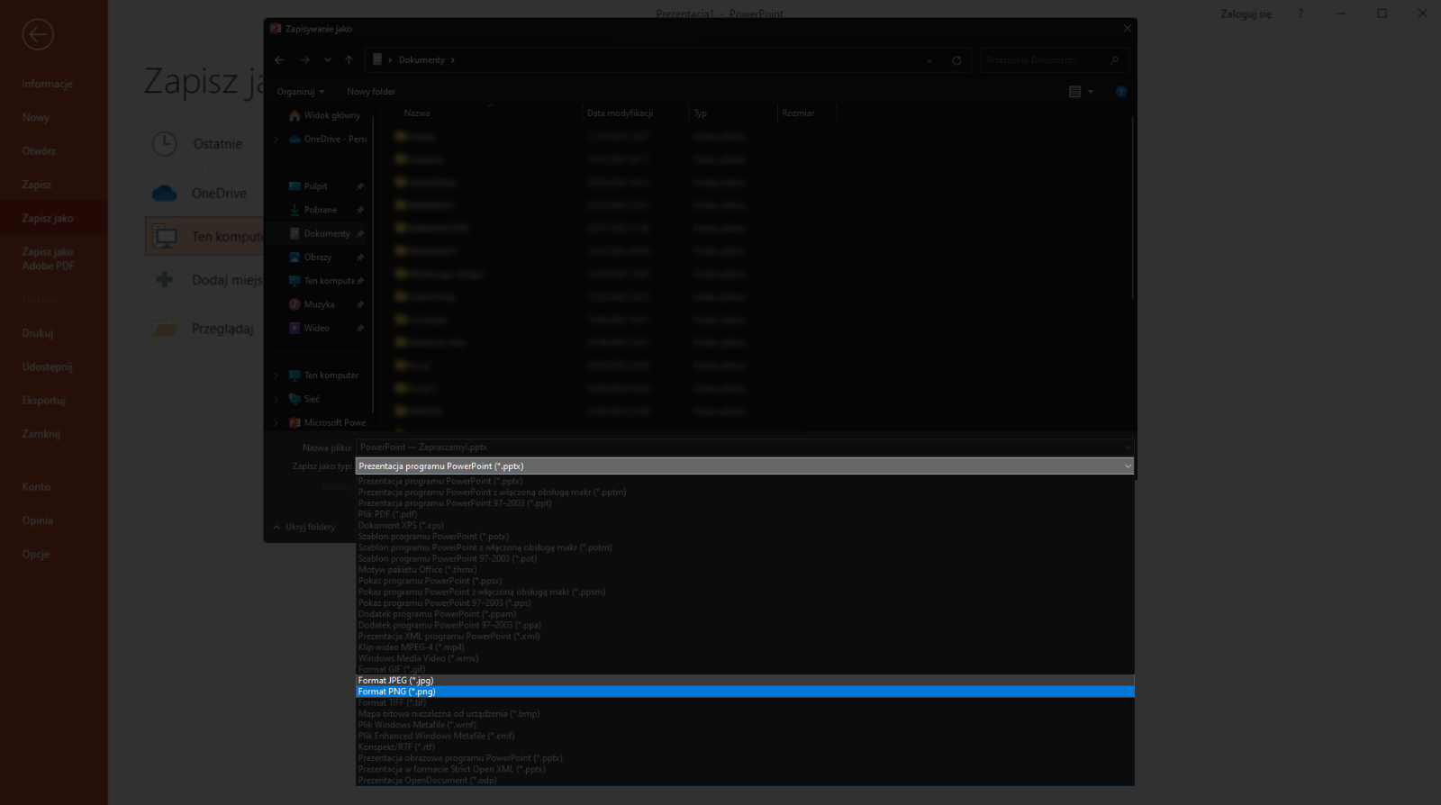 Zrzut ekranu przedstawia wybór formatu pe en gie lub jot pe gie z rozwijanej listy w programie Microsoft PowerPoint. Na ekranie widoczna jest rozwinięta lista opcji Zapisz jako typ, w której można wybrać różne formaty zapisu. Wśród dostępnych opcji znajdują się Format jot pe gie oraz Format pe en gie. 