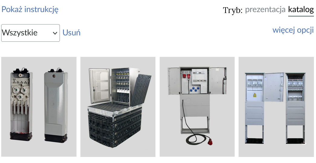 Ilustracja przedstawia katalog elektroenergetyczych złączy kablowych. Grafiki ułożone są w rzędzie. Powyżej widać pole, dzięki któremu można posortować grafiki ze względu na kategorie.