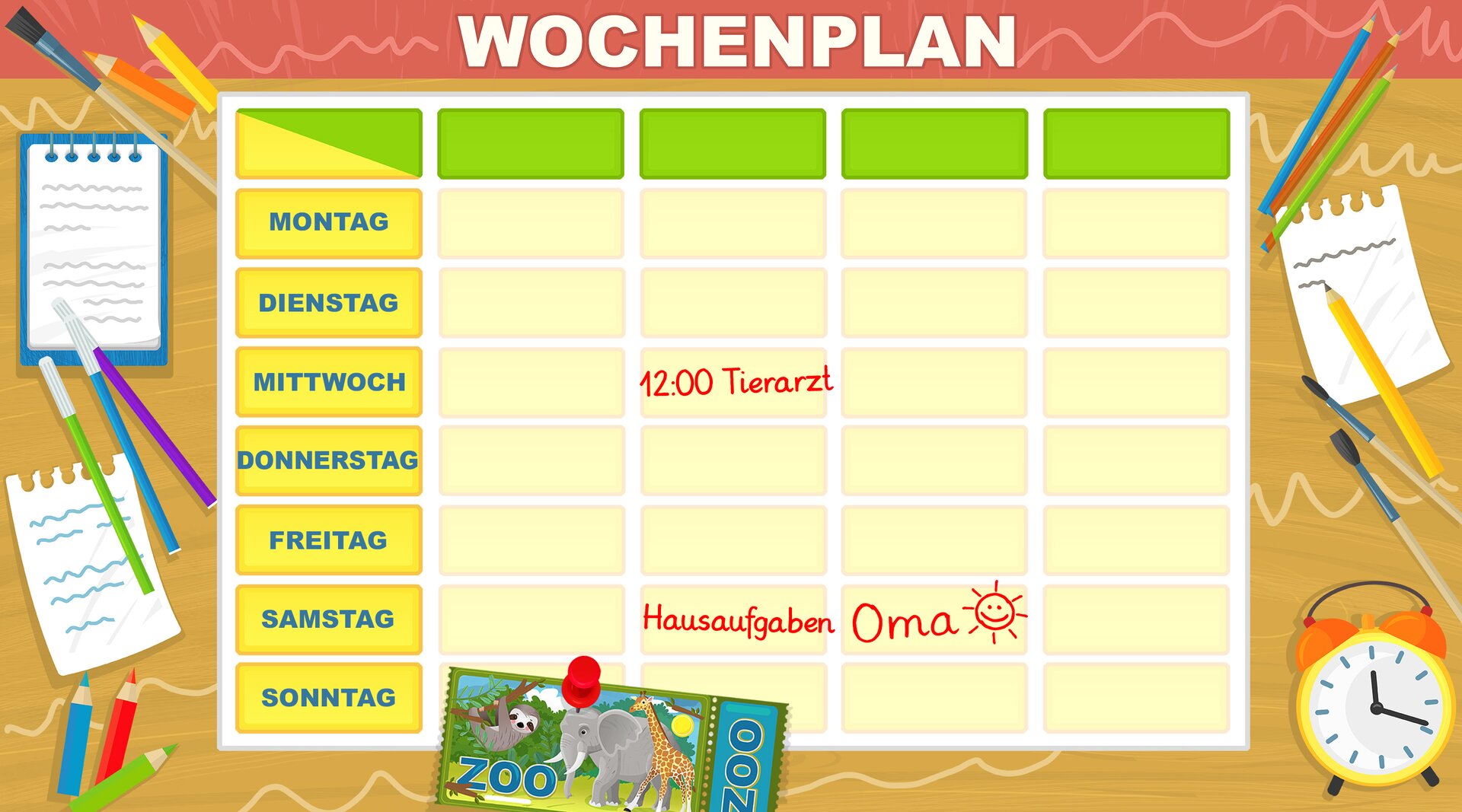 Ilustracja przedstawia plan tygodnia. W środę o dwunastej wpisano tierarzt. W sobotę zapisano. tHausaufgaben oraz tOma