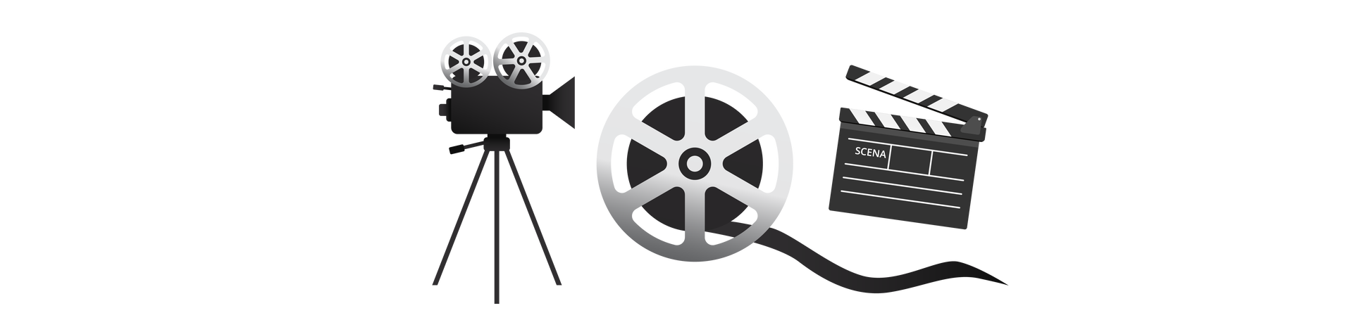 Ilustracja przedstawia przedmioty związane z pracą reżysera filmowego. Po lewej stronie jest czarna kamera filmowa na wysokim stojaku. Na środku widać okrągłą taśmę filmową. Po prawej stronie jest czarno‑biały klaps filmowy.