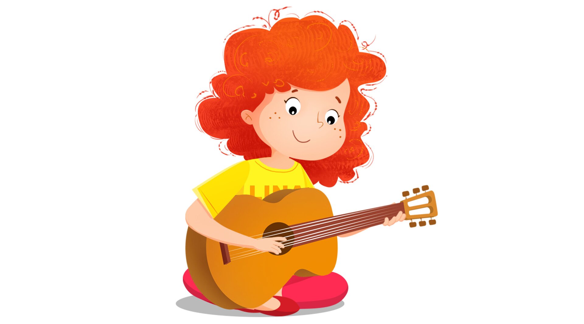 Na ilustracji znajduje się dziewczynka, która gra na gitarze.