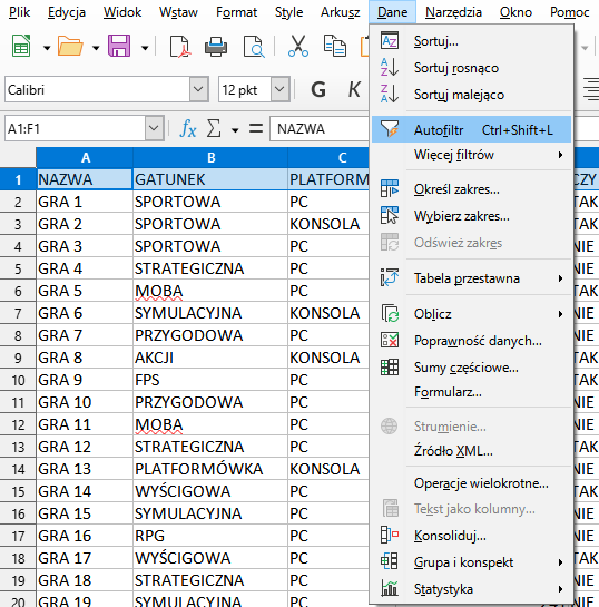 Ilustracja przedstawia menu główne LibreOffice Calc. Z menu wybrano Dane, a w Danych wybrano Autofiltr Ctrl+Shifr+L. W arkuszu programu na niebiesko zaznaczono komórki z nazwami kolumn. 