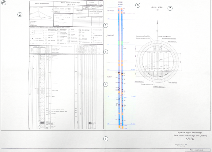 Grafika prezentuje przykładowy wygląd planszy interaktywnej z kartą otworu wiertniczego oraz przekrojem przez szyb. Ilustracja przedstawia profil (kartę) otworu wiertniczego. Dla każdego wyrobiska poszukiwawczego sporządza się profil geologiczny, czyli przekrój wyrobiska z podaniem rodzaju, grubości, głębokości zalegania i nachylenia wszystkich warstw napotkanych przez to wyrobisko. Różne rodzaje skał oznacza się na przekrojach odpowiednimi znakami lub kolorami. Przekrój przez szyb obrazuje rozmieszczenie elementów wyposażenia szybu wraz z ich wymiarami. Na planszy umieszczone są przyciski interaktywne, które po kliknięciu ukazują informację o danym elemencie planszy.