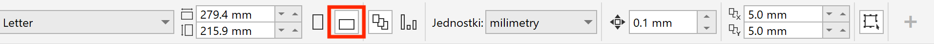 Zrzut ekranu przedstawia pasek opcji. Czerwoną ramką zaznaczony jest przycisk ustawienia orientacji poziomej.