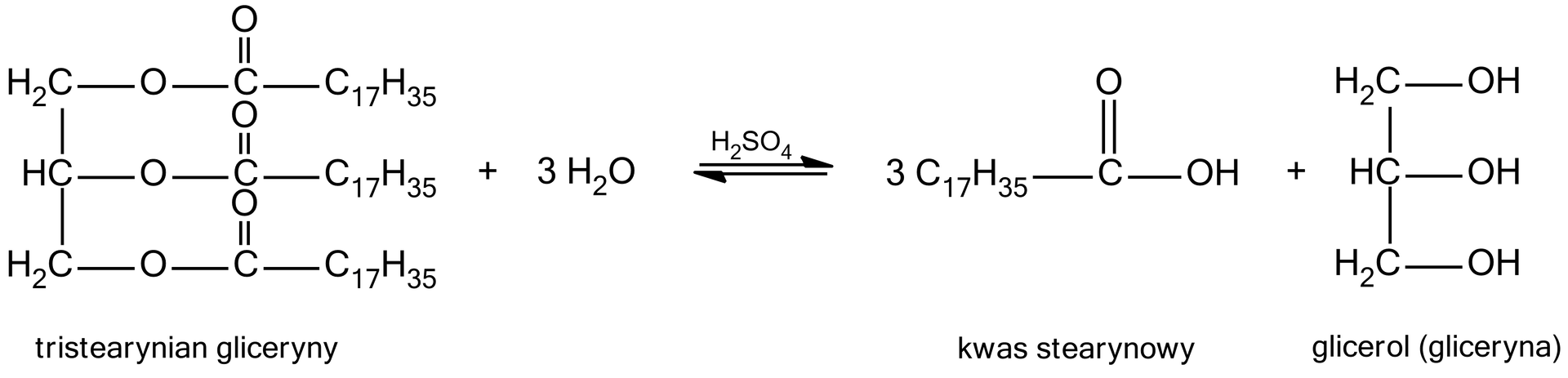 Na ilustracji jest równanie reakcji: jedna cząsteczka tristearynianu gliceryny dodać trzy cząsteczki wody strzałki w dwie strony, nad strzałkami jedna cząsteczka kwasu siarkowego, trzy cząsteczki kwasu stearynowego dodać jedna cząsteczka glicerolu (gliceryny).  