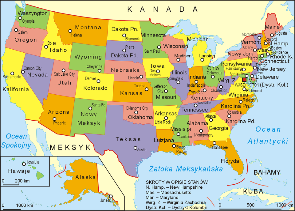 Mapa przedstawia podział administracyjny USA. Wskazane są na niej wszystkie stany, wraz z ich stolicami: 1. Alabama, stolica Montgomery, 2. Alaska, stolica Juneau, 3. Arizona, stolica Phoenix, 4. Arkansas, stolica Little Rock, 5. Connecticut, stolica Hartford, 6. Dakota Południowa, stolica Pierre, 7. Dakota Północna, stolica Bismarck, 8. Delaware, stolica Dover, 9. Dystrykt Kolumbii, stolica Waszyngton, 10. Floryda, stolica Tallahassee, 11. Georgia, stolica Atlanta, 12. Hawaje, stolica Honolulu, 13. Idaho, stolica Boise, 14. Illinois, stolica Springfield, 15. Indiana, stolica Indianapolis, 16. Iowa, stolica Des Moines, 17. Kalifornia, stolica Sacramento, 18. Kansas, stolica Topeka, 19. Karolina Południowa, stolica Columbia, 20. Karolina Północna, stolica Raleigh, 21. Kentucky, stolica Frankfort, 22. Kolorado, stolica Denver, 23. Luizjana, stolica Baton Rouge, 24. Maine, stolica Augusta, 25. Maryland, Annapolis, 26. Massachusetts, stolica Boston, 27. Michigan, stolica Lansing, 28. Minnesota, stolica Saint Paul, 29. Missisipi, stolica Jackson, 30. Missouri, stolica Jefferson City, 31. Montana, stolica Helena, 32. Nebraska, stolica Lincoln, 33. Nevada, stolica Carson City, 34. New Hampshire, stolica Concord, 35. New Jersey¸Trenton, 36. Nowy Jork, stolica Albany, 37. Nowy Meksyk, stolica Santa Fe, 8. Ohio, stolica Columbus, 39. Oklahoma, stolica Oklahoma City, 40. Oregon, stolica Salem, 41. Pensylwania, stolica Harrisburg, 42. Rhode Island, stolica Providence, 43. Teksas, stolica Austin, 44. Tennessee, stolica Nashville, 45. Utah, stolica Salt Lake City, 46. Vermont, stolica Montpelier, 47. Waszyngton, stolica Olympia, 48. Wirginia, stolica Richmond, 49. Wirginia Zachodnia, stolica Charleston, 50. Wisconsin, stolica Madiso, 51. Wyoming, stolica Cheyenn.