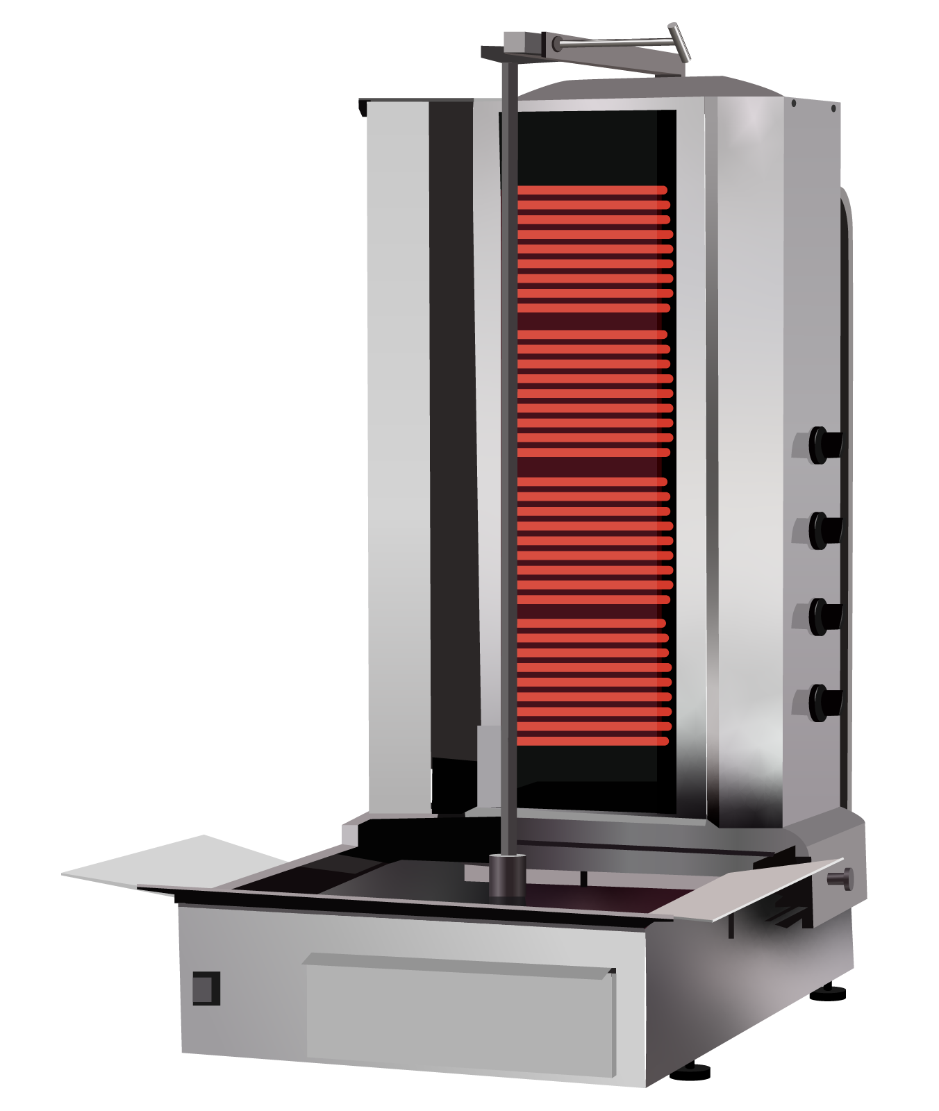 Ilustracja przedstawia rożen pionowy. Jego boki oraz tylna ścianka wykonane są ze stali nierdzewnej. Z frontu zamontowano jeden ruchomy pręt. Po ich bokach, na zewnątrz, znajdują się czarne pokrętła do regulacji. Poniżej ociekacz w formie prostopadłościennej.
