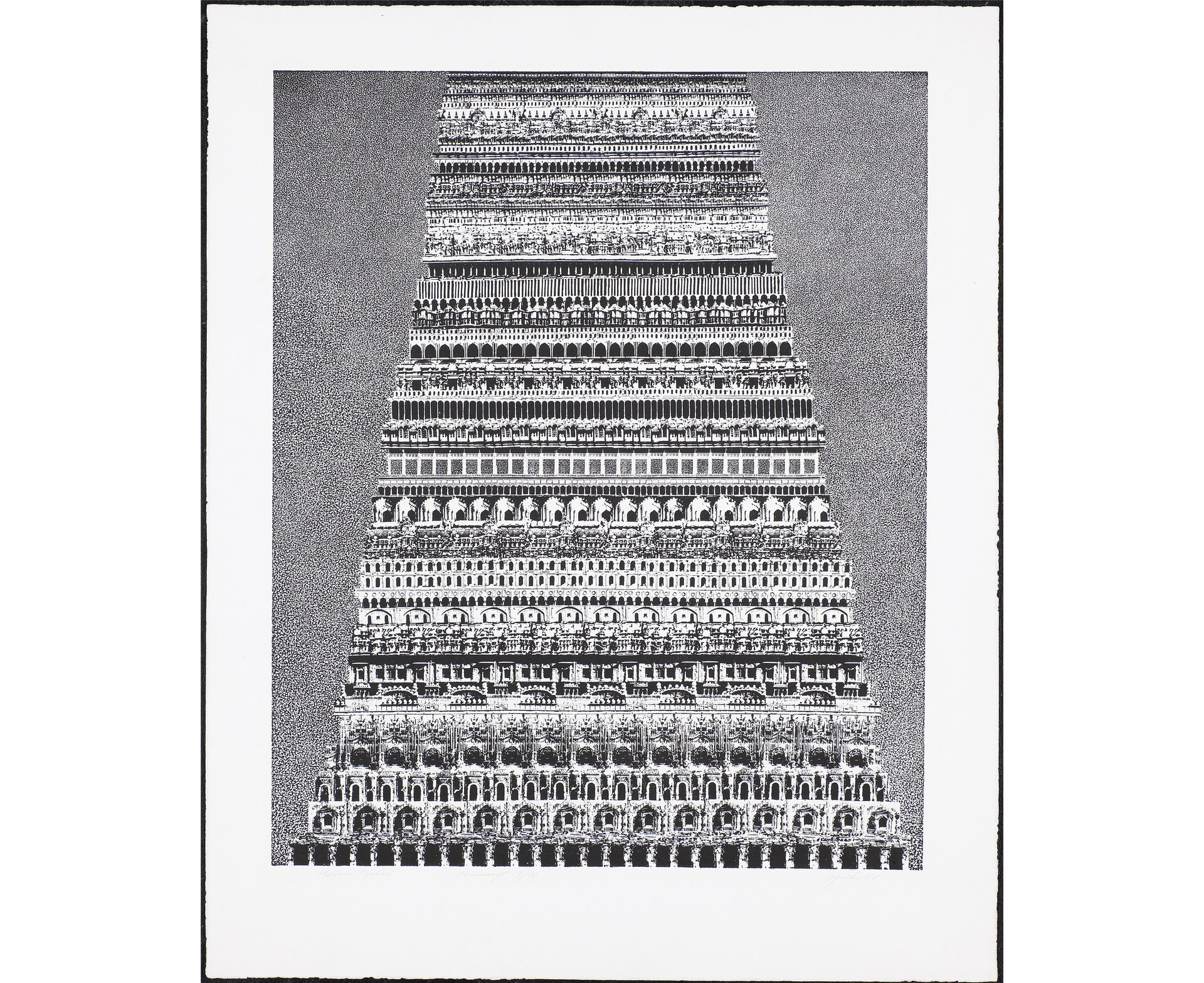 Ilustracja przedstawia pracę Romana Opałki pt. „Wieża Babel”. Ukazuje wysoką wieżę z wieloma piętrami. Na każdym z nich widzimy inny wzór. Artysta przedstawił fotograficzne ujęcia ludzi oraz zwierząt. Wykorzystując ten sam element w rzędzie, udało mu się uzyskać rytmiczną kompozycję. Ilustracja jest czarno-biała.
