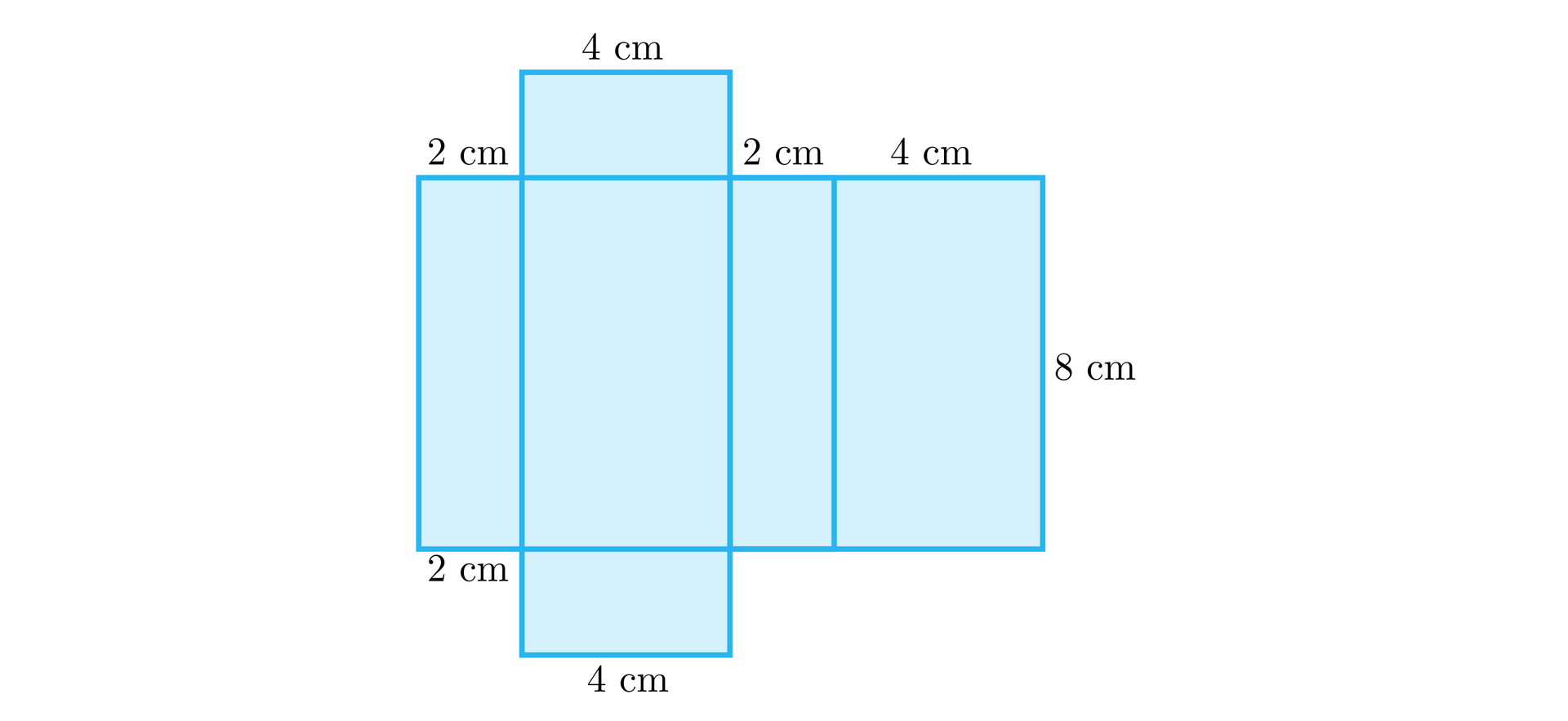 Ilustracja przedstawia siatkę prostopadłościanu. Składa się ona z następujących figur. Od lewej mamy prostokąt o wymiarach 2 na 8 centymetrów. Do jego prawego boku przylega prostokąt o wymiarach 4 na 8 centymetrów Do jego górnego i jednocześnie dolnego boku przylegają prostokąty tworzące podstawy o wymiarach dwa na 4 centymetry każdy. Do prawego boku dużego prostokąta przylega prostokąt o wymiarach dwa na 8 centymetrów i do jego prawego boku przylega ostatni prostokąt o wymiarach 4 na 8 centymetrów.