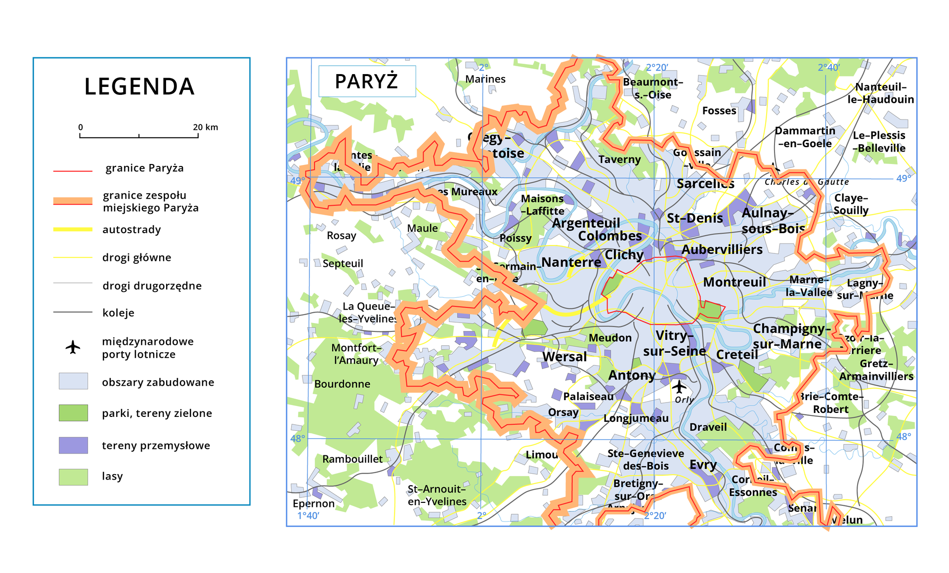 Mapa zespołu miejskiego Wielkiego Paryża. Po lewej stornie legenda. Czerwonymi liniami oznaczono granice miasta, pomarańczowo‑czerwonymi liniami granice zespołu miejskiego Paryża, żółtymi grubymi liniami autostrady, żółtymi cienkimi liniami drogi główne, szarymi cienkimi liniami drogi drugorzędne, czarnymi liniami koleje, symbolem samolotu międzynarodowe porty lotnicze, kolorem jasnobłękitnym obszary zabudowane, zielonym parki i tereny zielone, ciemnobłękitnym tereny przemysłowe, jasnozielonym lasy. 