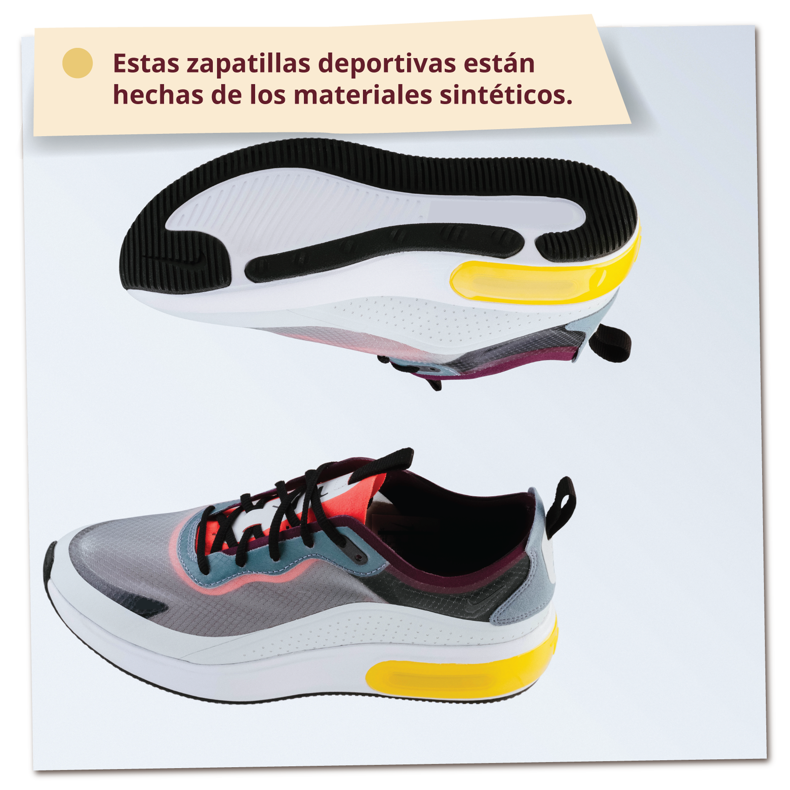 Na zdjęciu widoczna jest para kolorowych, sportowych butów wykonanych z materiałów syntetycznych. Podpis na zdjęciu: Estas zapatillas deportivas están hechas de materiales sintéticos.